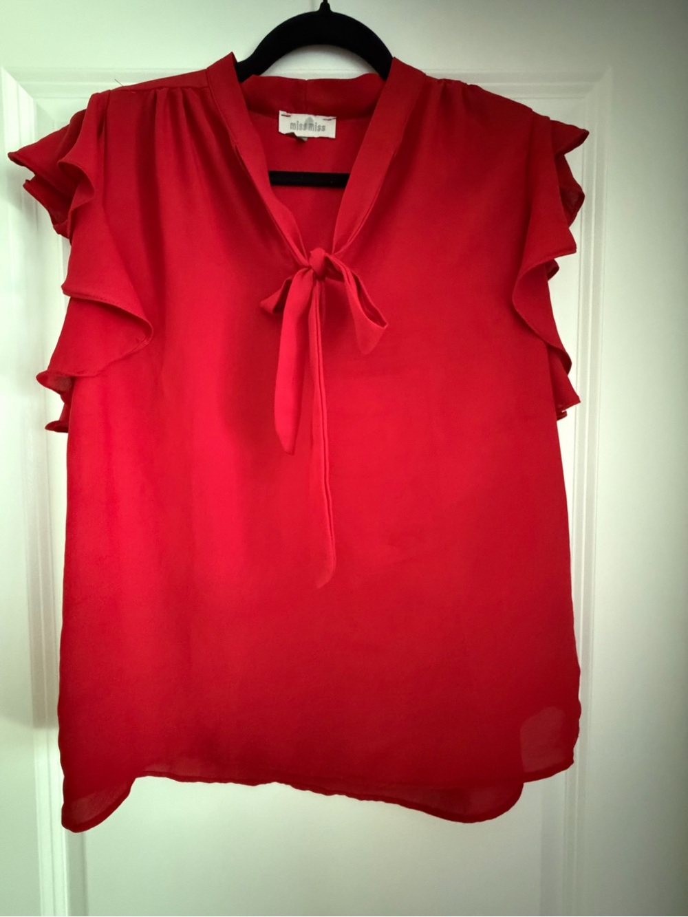 Miss Miss Tie-Neck Ruffle Sleeve Blouse in Red - A New Day